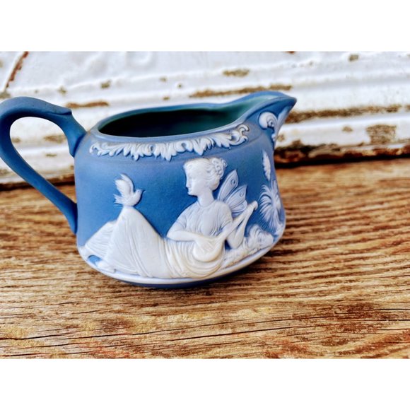 Antique Schafer Vater blue Jasperware Creamer Pitcher With Fairy Nymph - Picture 6 of 8